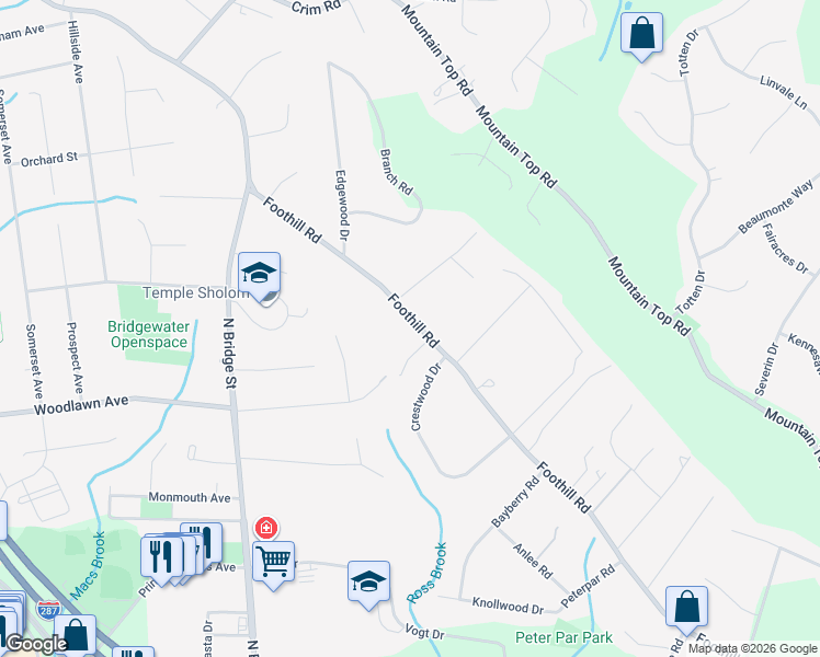 map of restaurants, bars, coffee shops, grocery stores, and more near 549 Foothill Road in Bridgewater