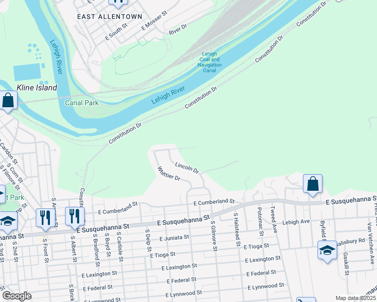 map of restaurants, bars, coffee shops, grocery stores, and more near 608 Skyline Drive in Allentown