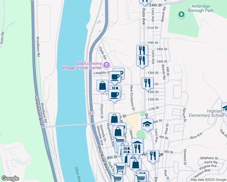 map of restaurants, bars, coffee shops, grocery stores, and more near 1305 Merchant Street in Ambridge