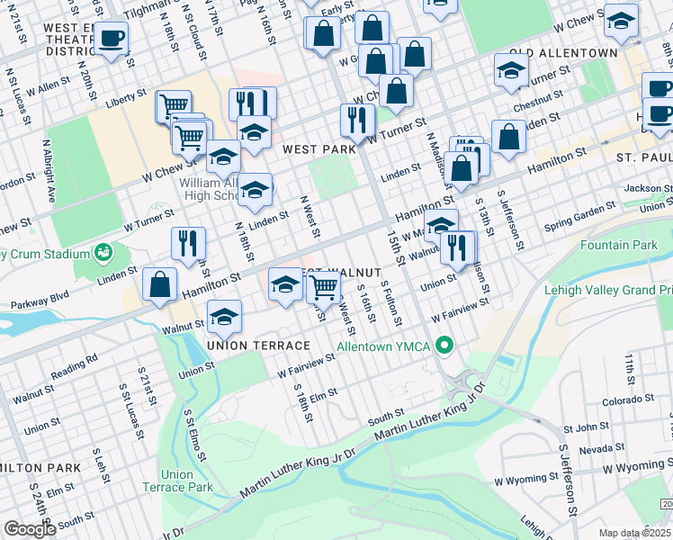 map of restaurants, bars, coffee shops, grocery stores, and more near 31 South West Street in Allentown