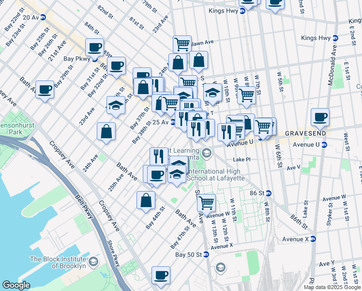 map of restaurants, bars, coffee shops, grocery stores, and more near 8636 26th Avenue in Brooklyn