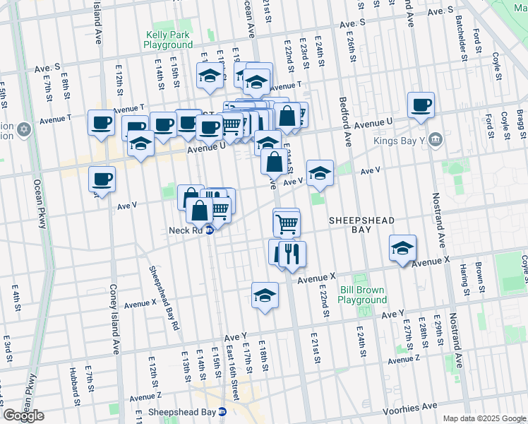 map of restaurants, bars, coffee shops, grocery stores, and more near 2245 East 19th Street in Brooklyn