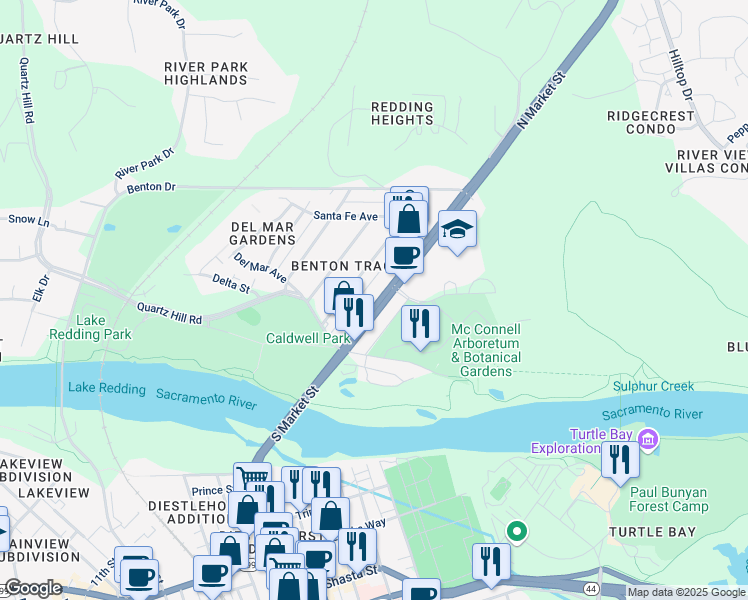 map of restaurants, bars, coffee shops, grocery stores, and more near 810 North Market Street in Redding