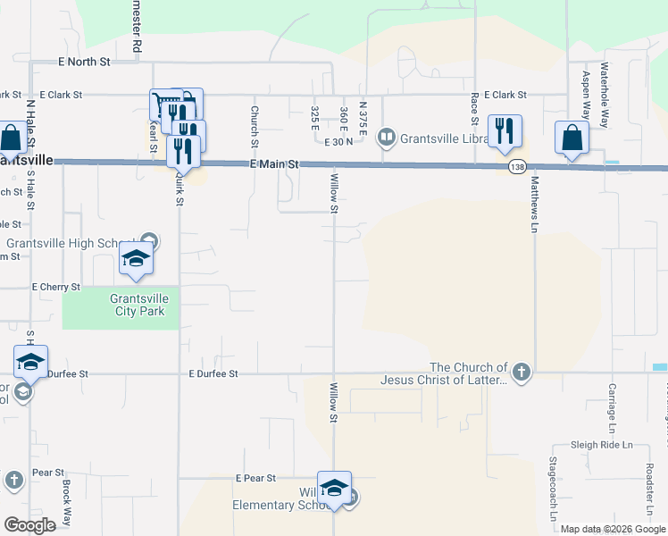 map of restaurants, bars, coffee shops, grocery stores, and more near 132 Willow Street in Grantsville