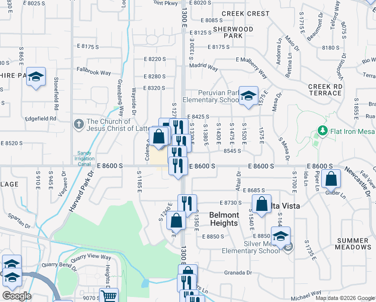 map of restaurants, bars, coffee shops, grocery stores, and more near 8546 South 1330 East in Sandy