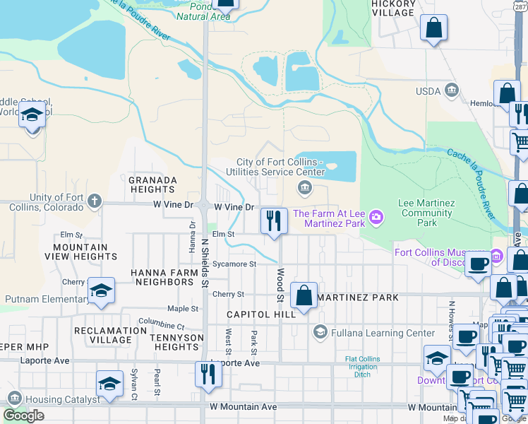 map of restaurants, bars, coffee shops, grocery stores, and more near 623 Wood Street in Fort Collins