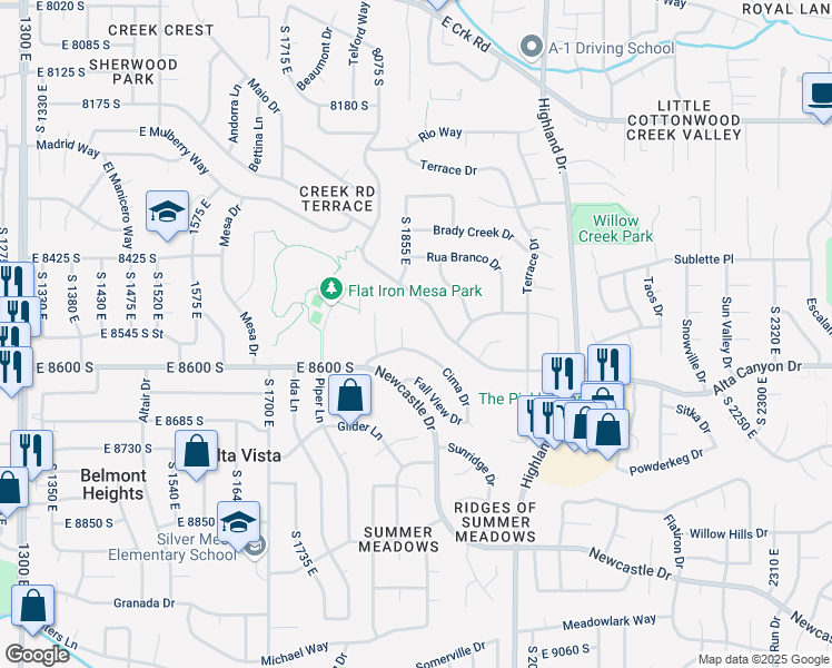 map of restaurants, bars, coffee shops, grocery stores, and more near 8555 South 1860 East in Sandy