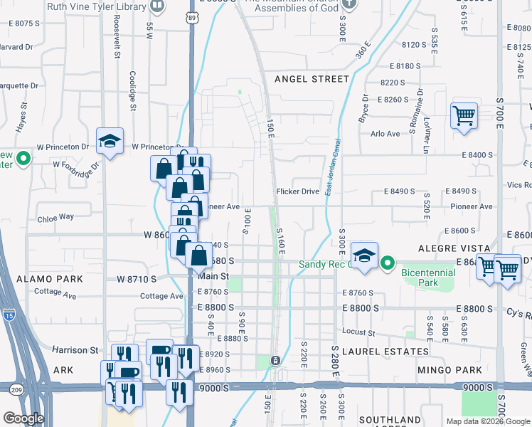 map of restaurants, bars, coffee shops, grocery stores, and more near 8550 Center Street in Sandy