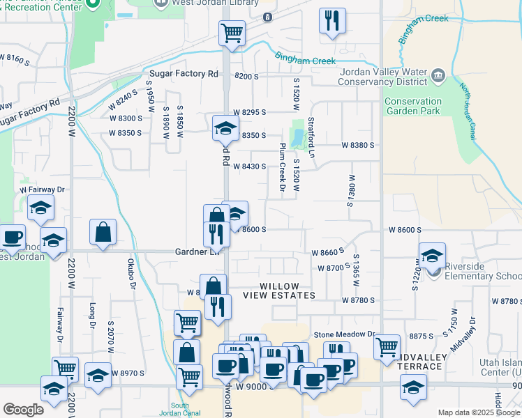 map of restaurants, bars, coffee shops, grocery stores, and more near 1589 West 8510 South in West Jordan