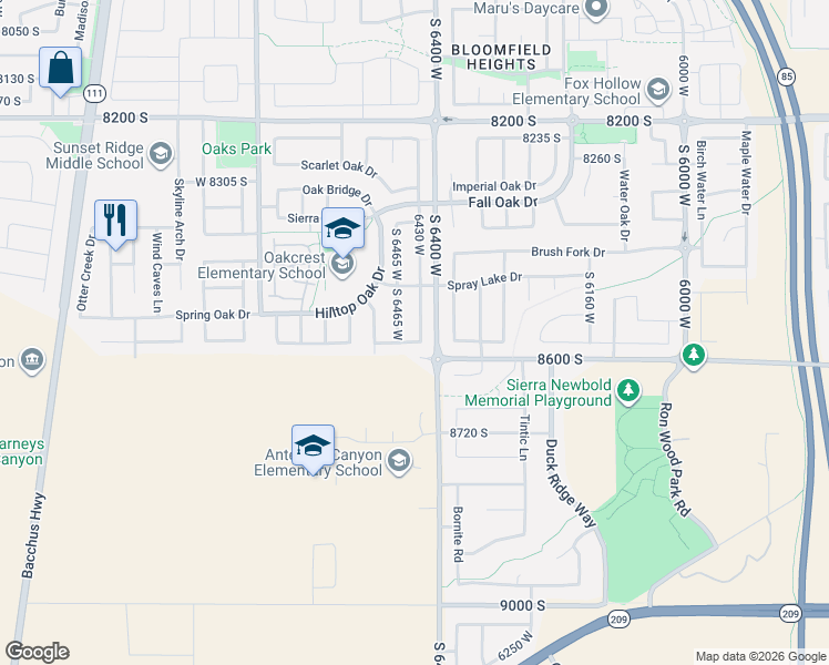 map of restaurants, bars, coffee shops, grocery stores, and more near 8558 South 6430 West in West Jordan