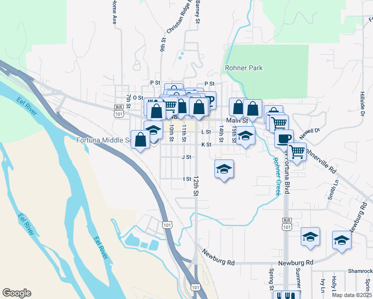 map of restaurants, bars, coffee shops, grocery stores, and more near 437 11th Street in Fortuna