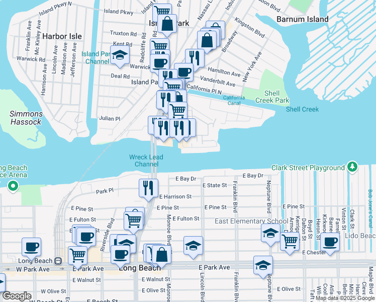 map of restaurants, bars, coffee shops, grocery stores, and more near 104 Waterview Road in Island Park