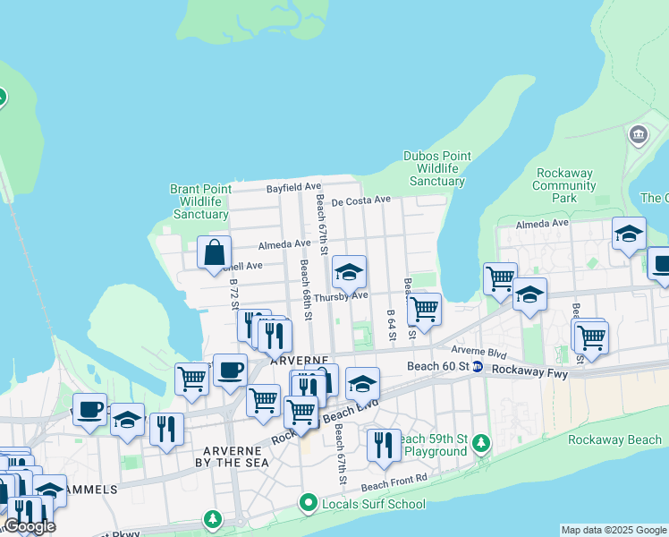 map of restaurants, bars, coffee shops, grocery stores, and more near 5-44 Beach 67th Street in Queens