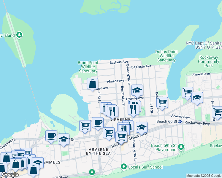 map of restaurants, bars, coffee shops, grocery stores, and more near 542 Beach 69th Street in Queens