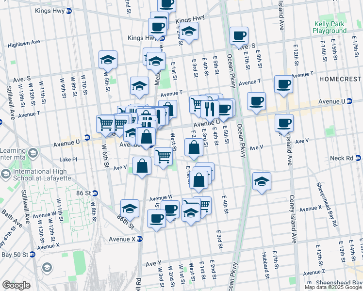 map of restaurants, bars, coffee shops, grocery stores, and more near 2149 West Street in Brooklyn