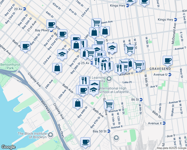 map of restaurants, bars, coffee shops, grocery stores, and more near 8636 26th Avenue in Brooklyn