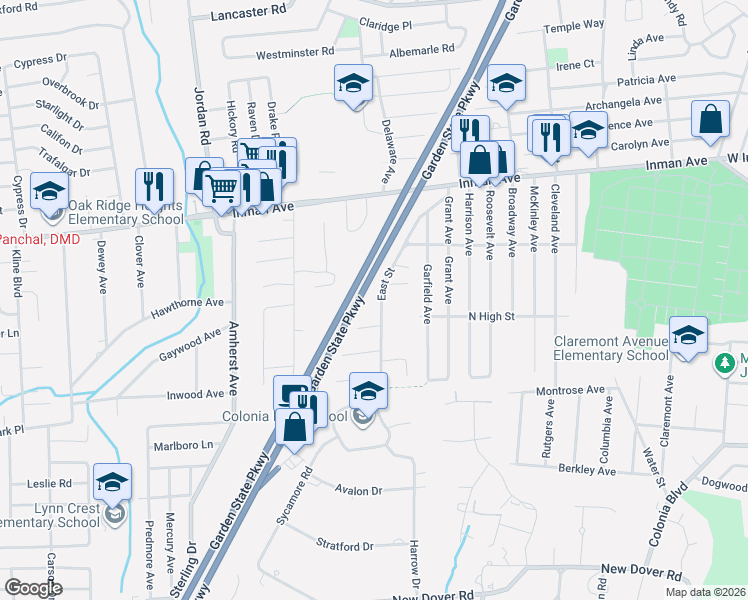 map of restaurants, bars, coffee shops, grocery stores, and more near 96 East Street in Woodbridge Township
