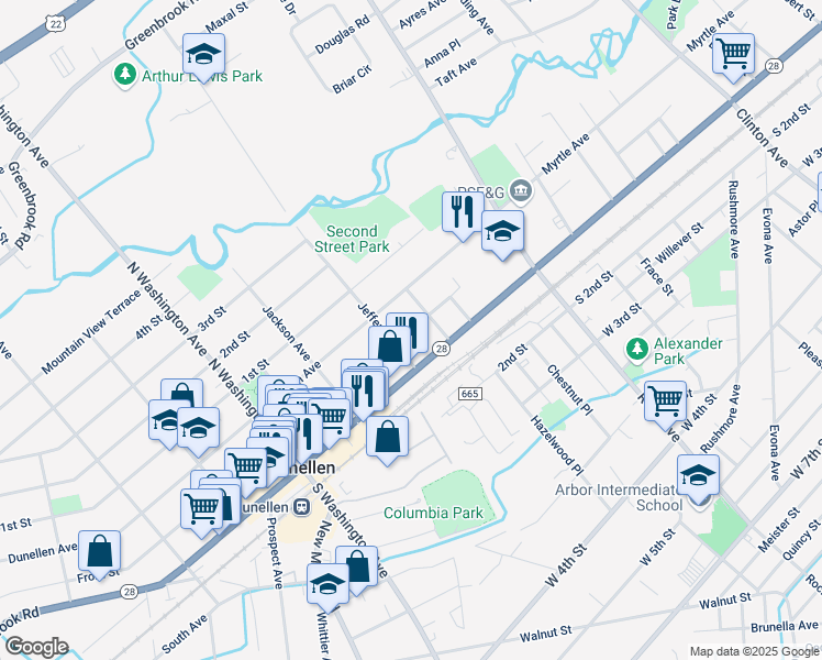 map of restaurants, bars, coffee shops, grocery stores, and more near 1851 Bradford Street in Plainfield