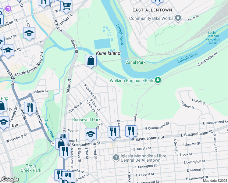 map of restaurants, bars, coffee shops, grocery stores, and more near 714 South Armour Street in Allentown