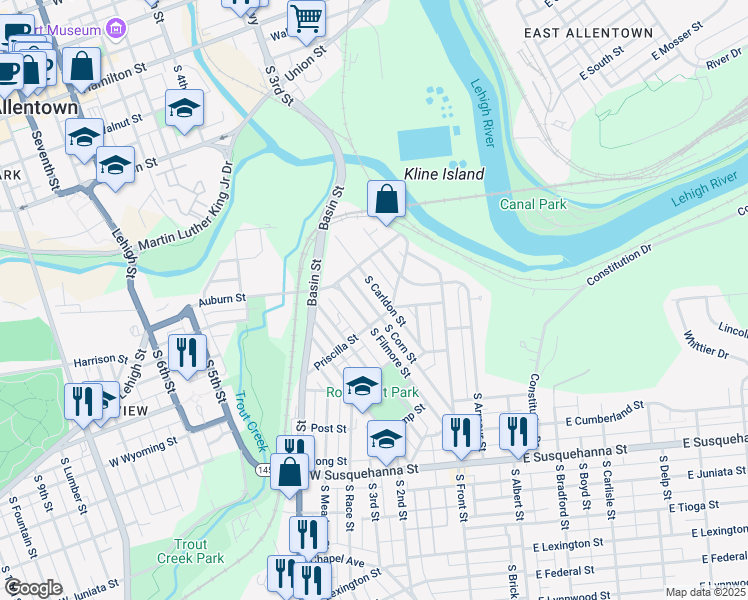 map of restaurants, bars, coffee shops, grocery stores, and more near 627 South Filmore Street in Allentown
