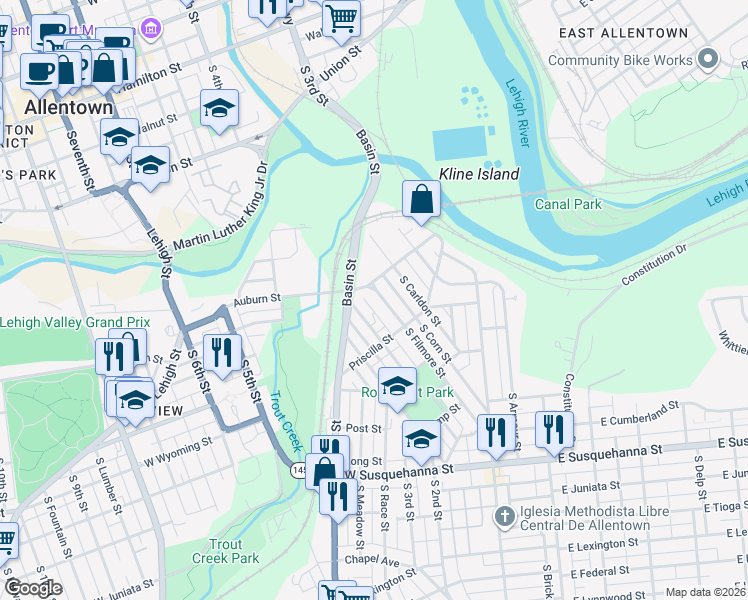 map of restaurants, bars, coffee shops, grocery stores, and more near 617 Genesee Street in Allentown