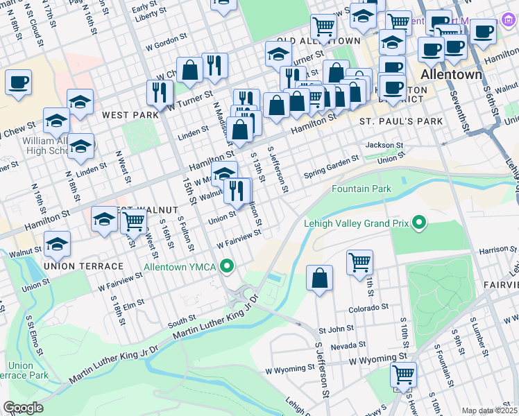 map of restaurants, bars, coffee shops, grocery stores, and more near 214 South Mercer Street in Allentown