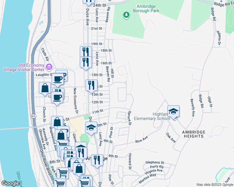 map of restaurants, bars, coffee shops, grocery stores, and more near 63 North Walnut Street in Ambridge