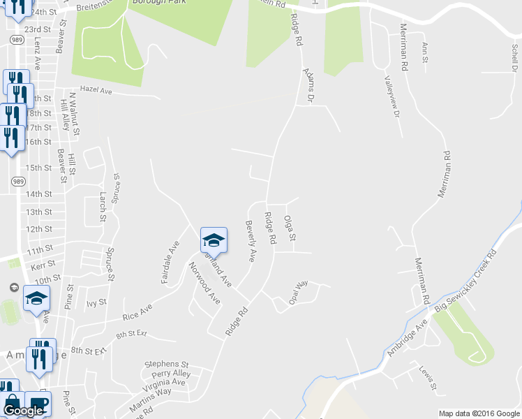 map of restaurants, bars, coffee shops, grocery stores, and more near 1025 Ridge Road in Ambridge