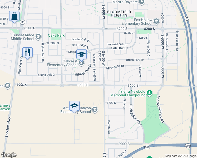 map of restaurants, bars, coffee shops, grocery stores, and more near 8558 South 6430 West in West Jordan