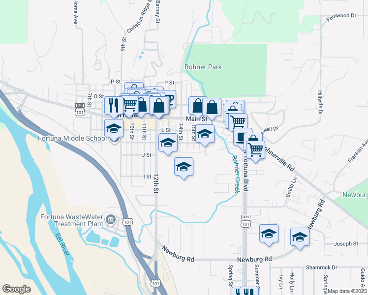 map of restaurants, bars, coffee shops, grocery stores, and more near 439 14th Street in Fortuna