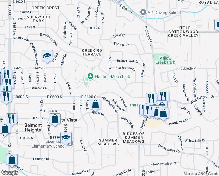 map of restaurants, bars, coffee shops, grocery stores, and more near 8555 South 1860 East in Sandy