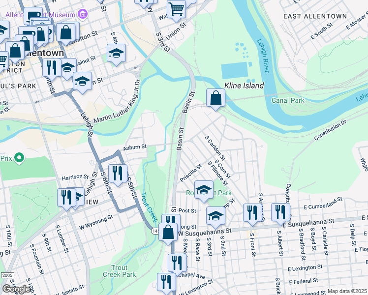 map of restaurants, bars, coffee shops, grocery stores, and more near 617 Genesee Street in Allentown