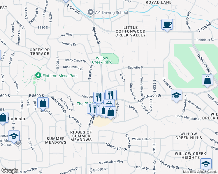map of restaurants, bars, coffee shops, grocery stores, and more near 8549 Stargazer Circle in Sandy