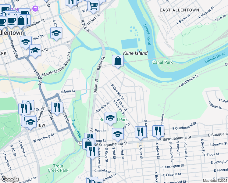 map of restaurants, bars, coffee shops, grocery stores, and more near 627 South Filmore Street in Allentown