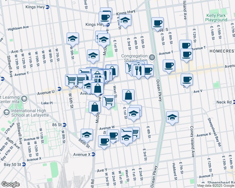 map of restaurants, bars, coffee shops, grocery stores, and more near 2149 West Street in Brooklyn