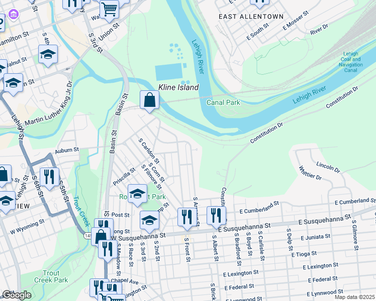 map of restaurants, bars, coffee shops, grocery stores, and more near 714 South Armour Street in Allentown