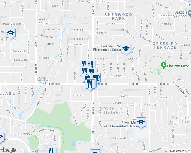 map of restaurants, bars, coffee shops, grocery stores, and more near 8546 South 1330 East in Sandy
