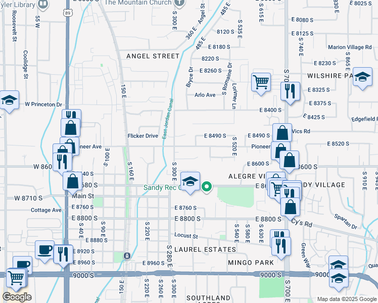 map of restaurants, bars, coffee shops, grocery stores, and more near 370 Pioneer Ave in Sandy