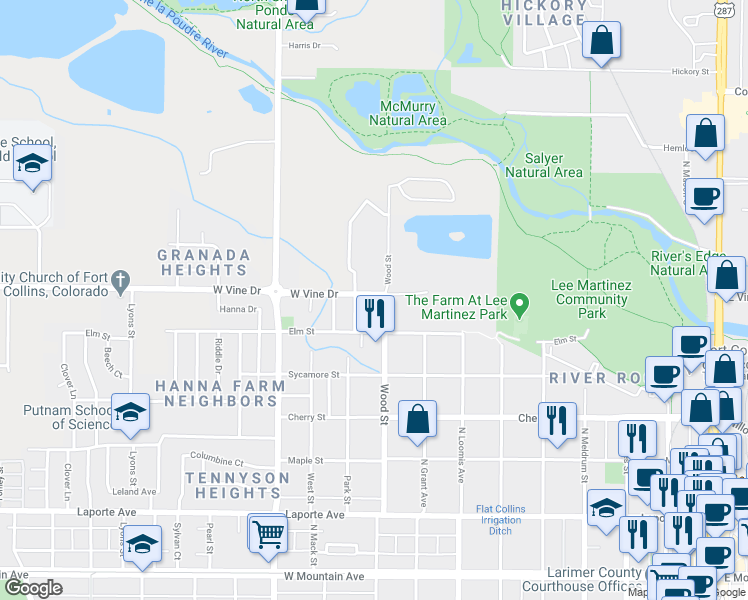 map of restaurants, bars, coffee shops, grocery stores, and more near 623 Wood Street in Fort Collins