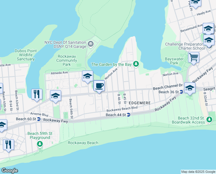 map of restaurants, bars, coffee shops, grocery stores, and more near 418 Beach 48th Street in Queens