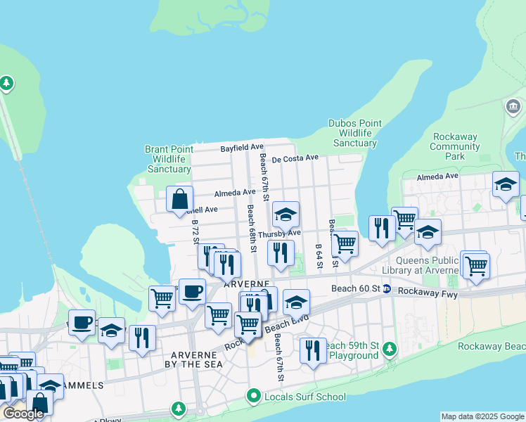 map of restaurants, bars, coffee shops, grocery stores, and more near 5-33 Beach 67th Street in Queens