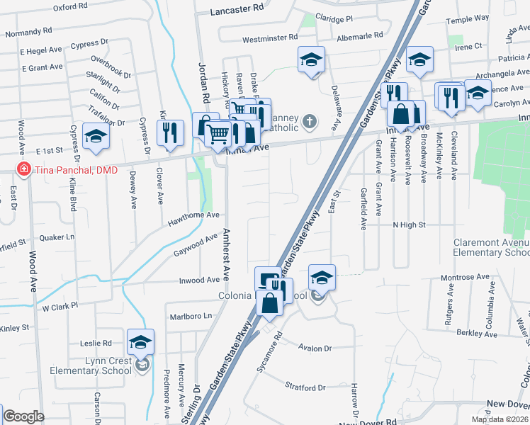 map of restaurants, bars, coffee shops, grocery stores, and more near 96 West Street in Woodbridge Township