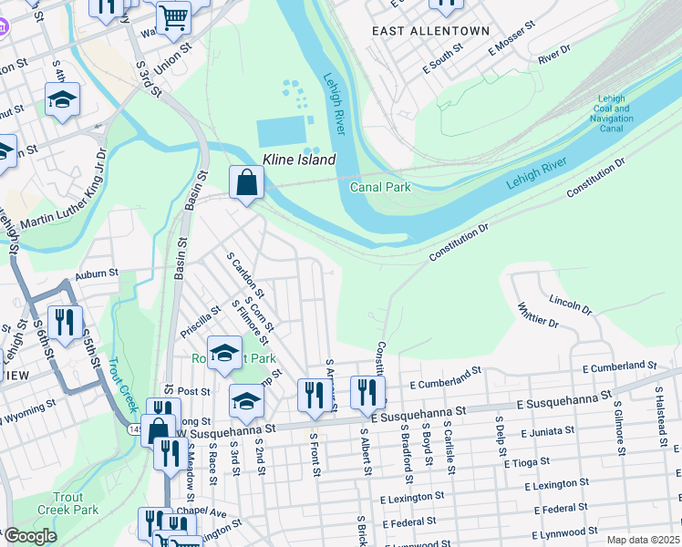 map of restaurants, bars, coffee shops, grocery stores, and more near 40 Armour Court in Allentown