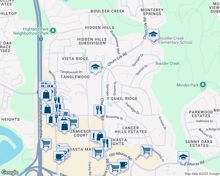 map of restaurants, bars, coffee shops, grocery stores, and more near 841 Springer Dr in Redding