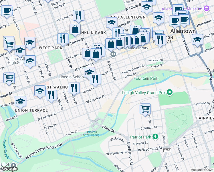 map of restaurants, bars, coffee shops, grocery stores, and more near 210 South 13th Street in Allentown