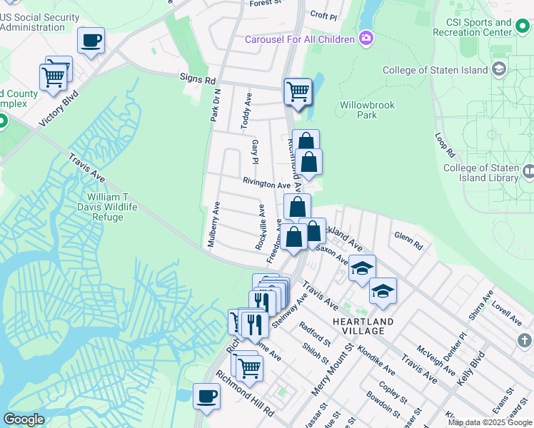 map of restaurants, bars, coffee shops, grocery stores, and more near 105 Rockville Avenue in Staten Island