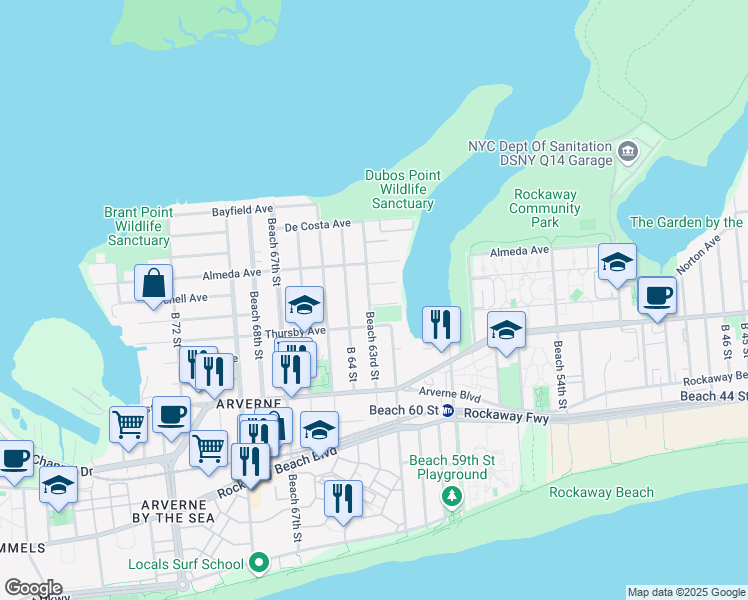 map of restaurants, bars, coffee shops, grocery stores, and more near 62-34 Elizabeth Road in Queens