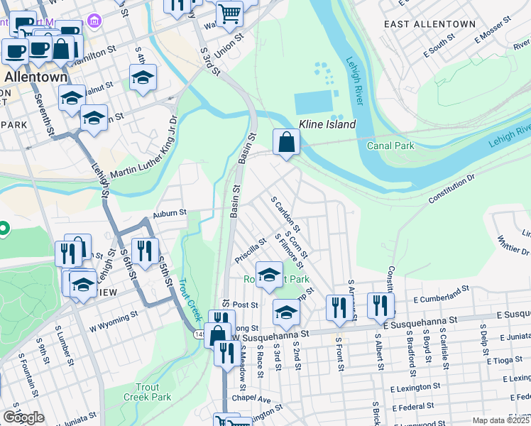 map of restaurants, bars, coffee shops, grocery stores, and more near 627 South Filmore Street in Allentown