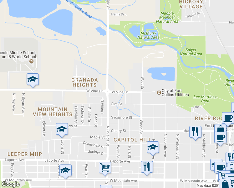 map of restaurants, bars, coffee shops, grocery stores, and more near 1037 West Vine Drive in Fort Collins