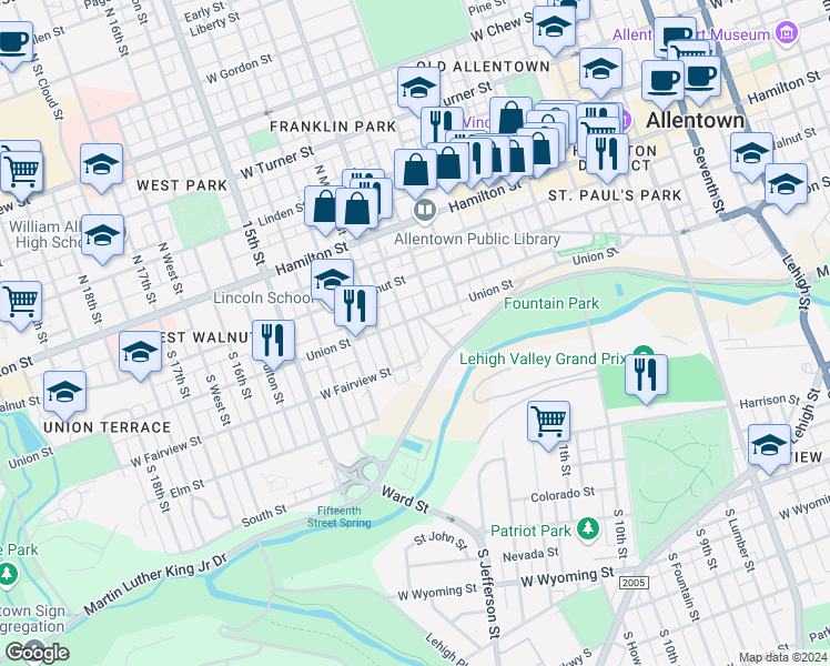 map of restaurants, bars, coffee shops, grocery stores, and more near 215 South 13th Street in Allentown